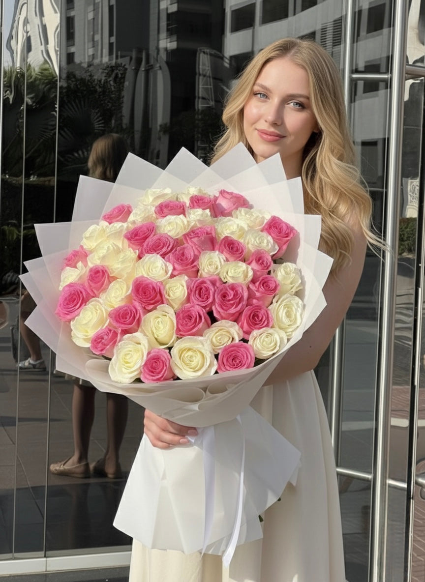 51 White Pink Roses Bouquet
