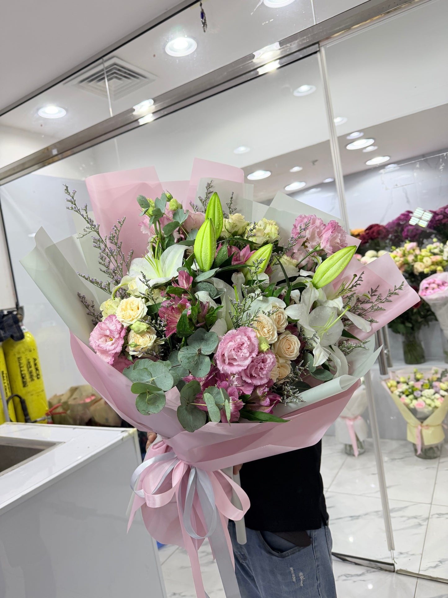 Premium White Lily & Pink Lisianthus Mixed Bouquet
