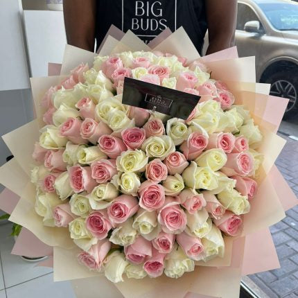 101 White And Pink Roses Bouquet