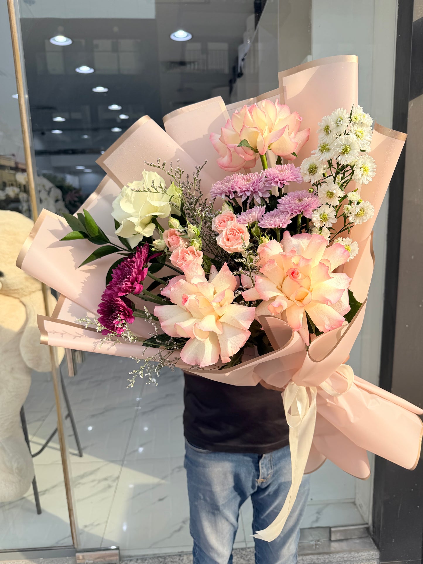Soft Blush & Peach Hand-Tied Fresh Flower Bouquet