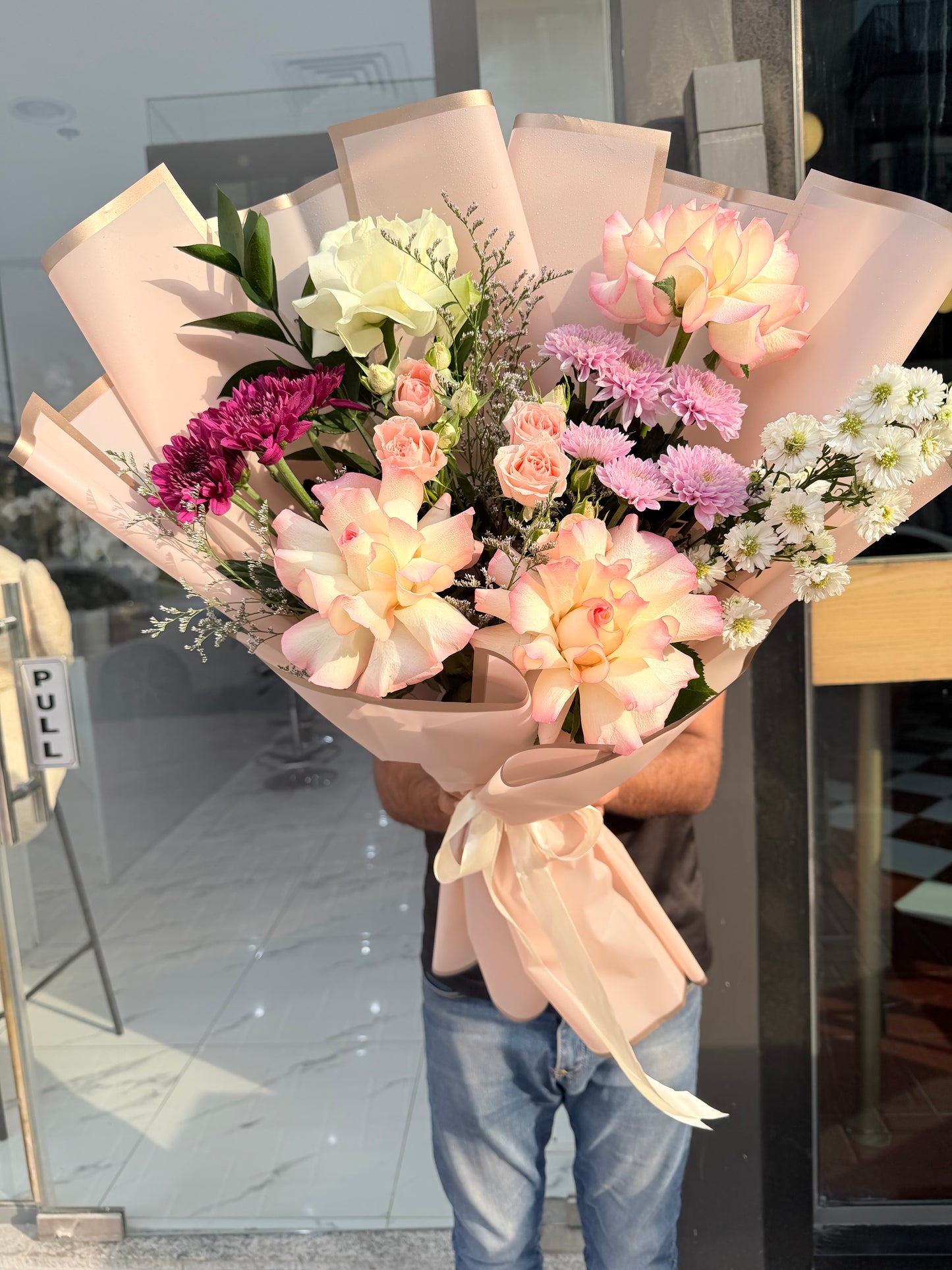 Soft Blush & Peach Hand-Tied Fresh Flower Bouquet