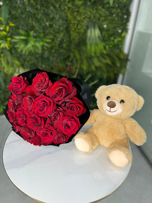 21 Red Roses With Bear