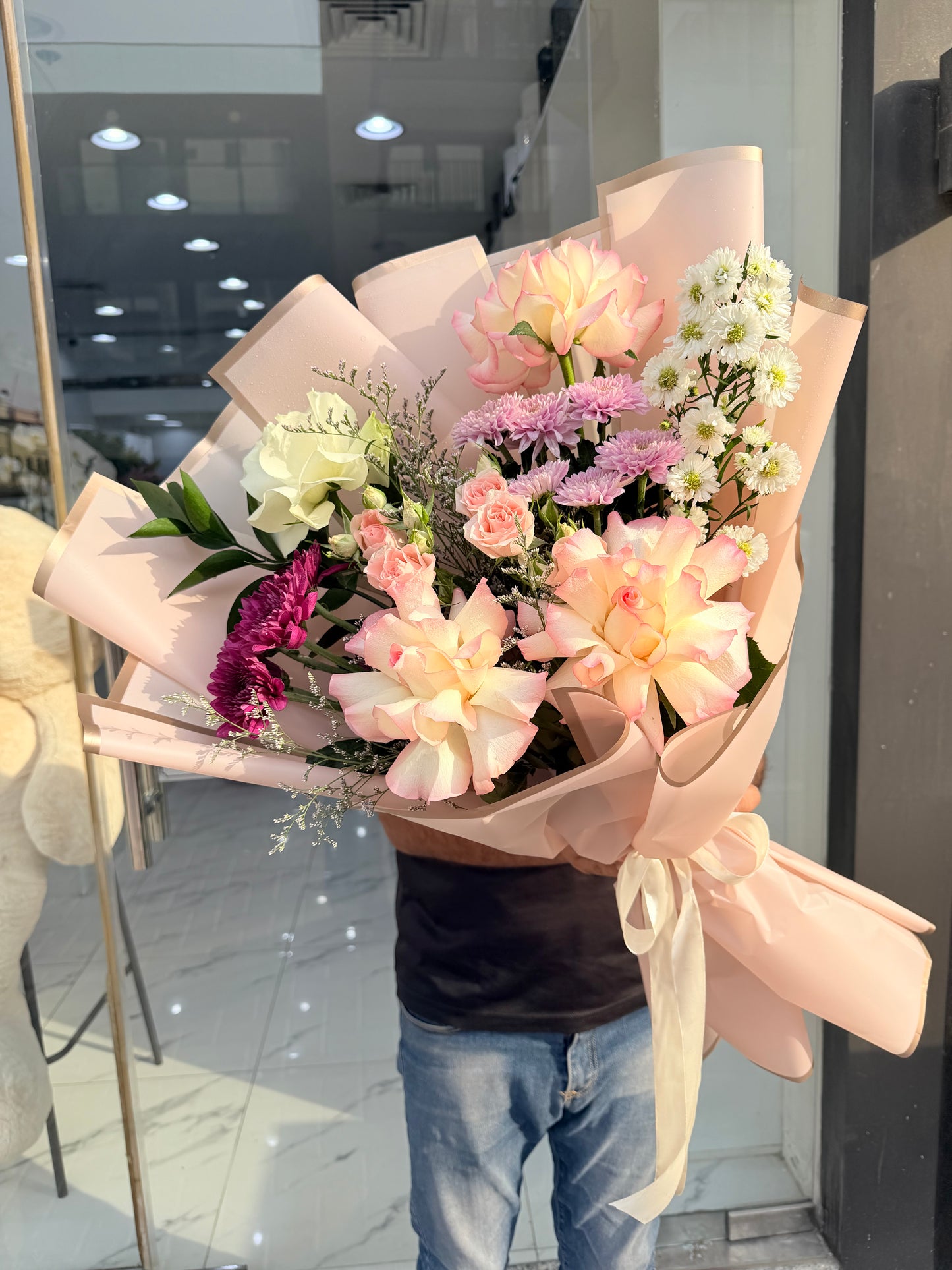 Soft Blush & Peach Hand-Tied Fresh Flower Bouquet