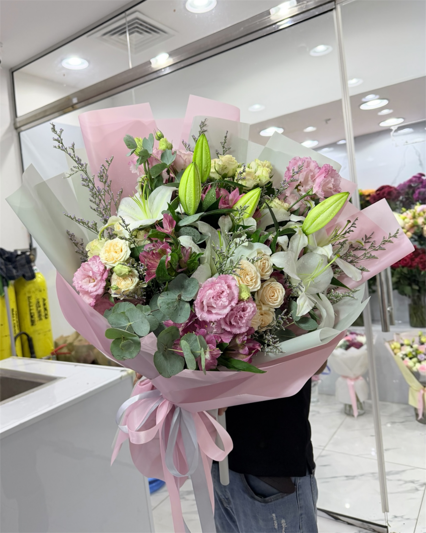 Premium White Lily & Pink Lisianthus Mixed Bouquet